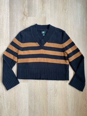 Roots Black & Tan Striped V-Neck Knit Sweater Size Small